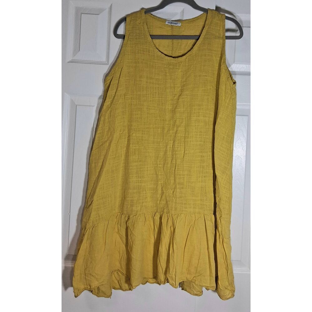 Unisono womens medium dress peplum gauzy linen viscose yellow mustard airy flowy